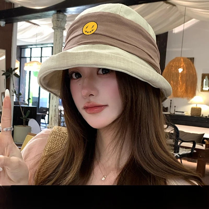 女性用通気性日除けフィッシャーマンハット小顔効果春夏フロック折りたたみ式ラウンドトップポリエステル繊維草帽
