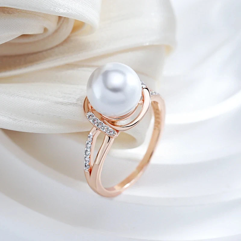 Wbmqda Elegant White Pearl Ring For Women 585 Rose Gold Silver Color Mix Unique Bride Wedding Jewelry Accessories