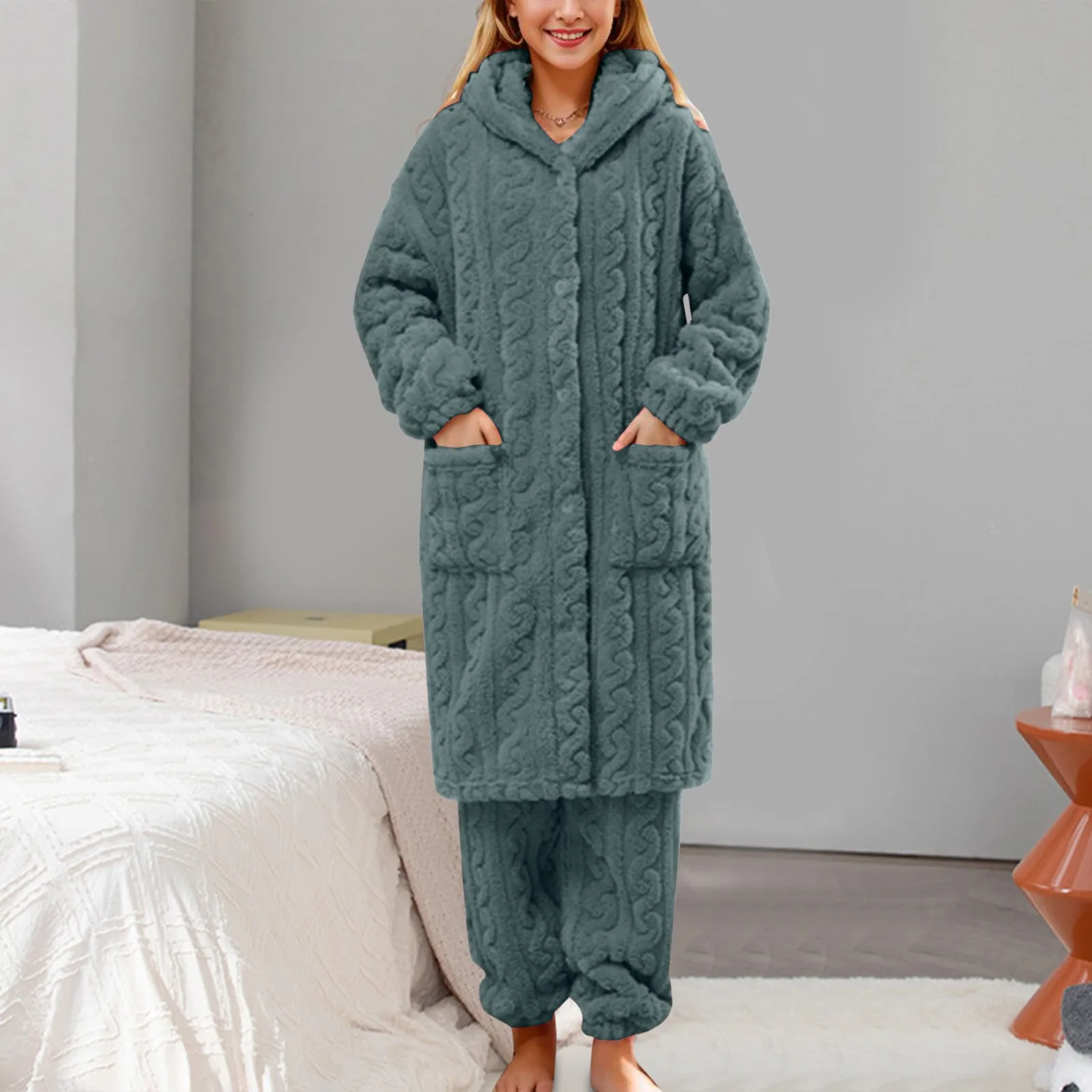 Warm Flannel Women Autumn Winter Pyjamas Sets Thick Coral Velvet Long Top Solid Color Sleepwear Casual Flannel Pajamas Homewear