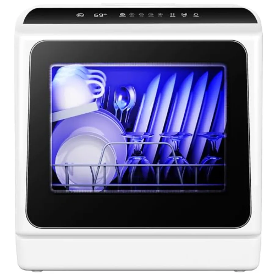 

Portable countertop dishwasher for apartments and RVs: black stainless steel, 6 programs, 5L built-in tank, inlet hose, high-te