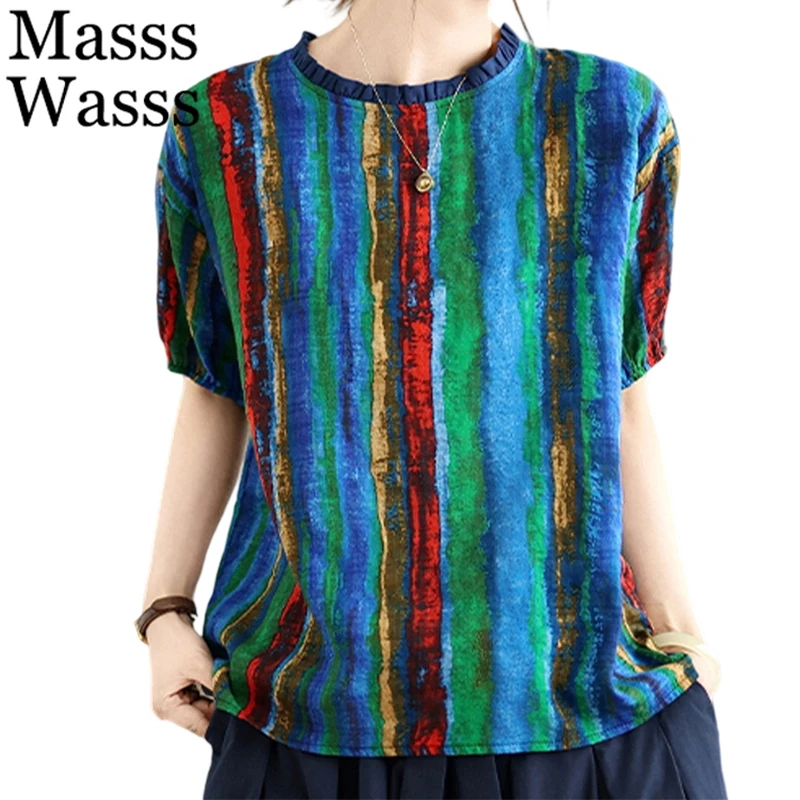 

Masss Wasss 2025 Summer Ladies Classic Loose Leisure Printed Chiffon Shirts Womens Fashion Striped Tops Vintage O Neck Clothes