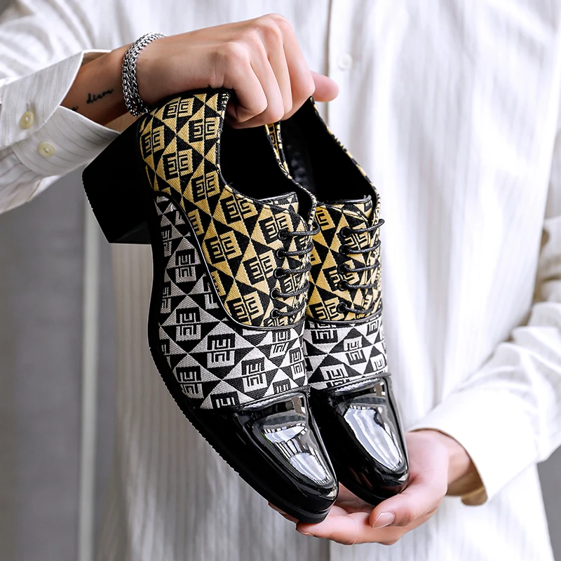 

Men's High Heels PU Splicing Lace Fashion Business Banquet Men's Shoes Sizes 39-46