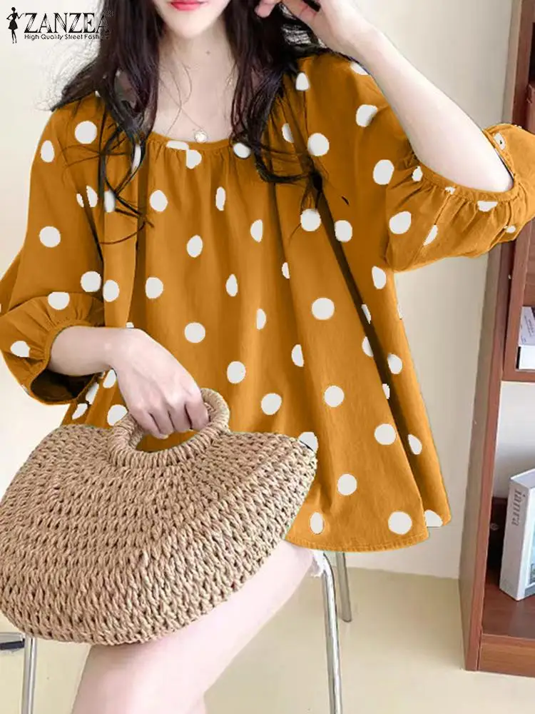 ZANZEA Oversize 3/4 Lantern Sleeve Blouse Women Fashion Loose Polka Dot Shirts Holiday O-Neck Blusas Summer Korean Pleating Tops