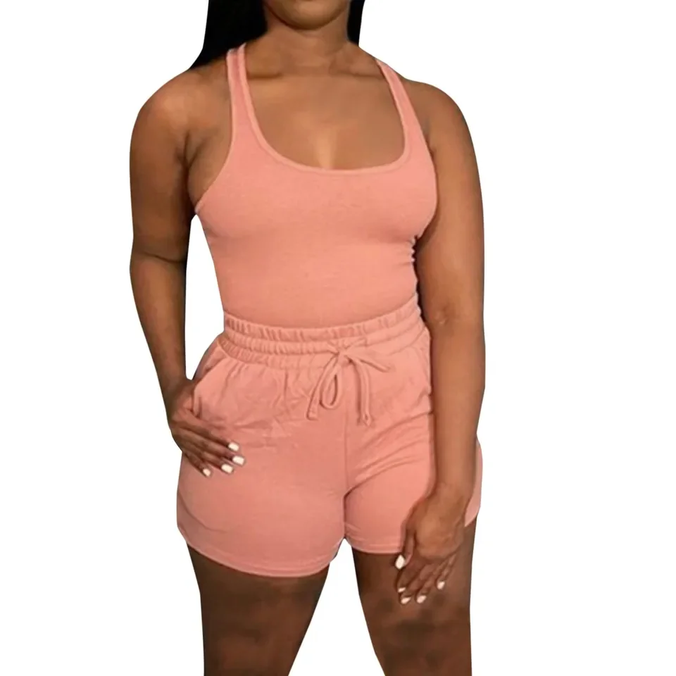 2 Piece Short Sets For Women Summer Women'S Short Gradient 2 Piece Sets Solid Color Sleeveless Scoop Conjunto Dos Piezas Mujer
