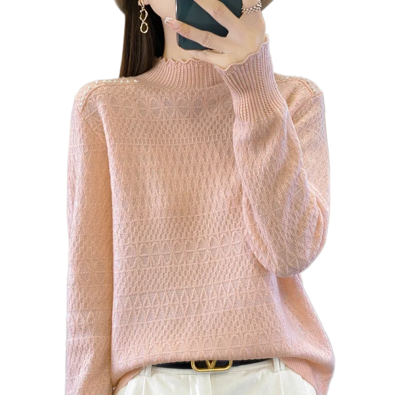 2024 New Spring and Autumn Cashmere sweater Long Sleeve Women Mock Neck Knitted Sweater  Pullover Cashmere sweater Women