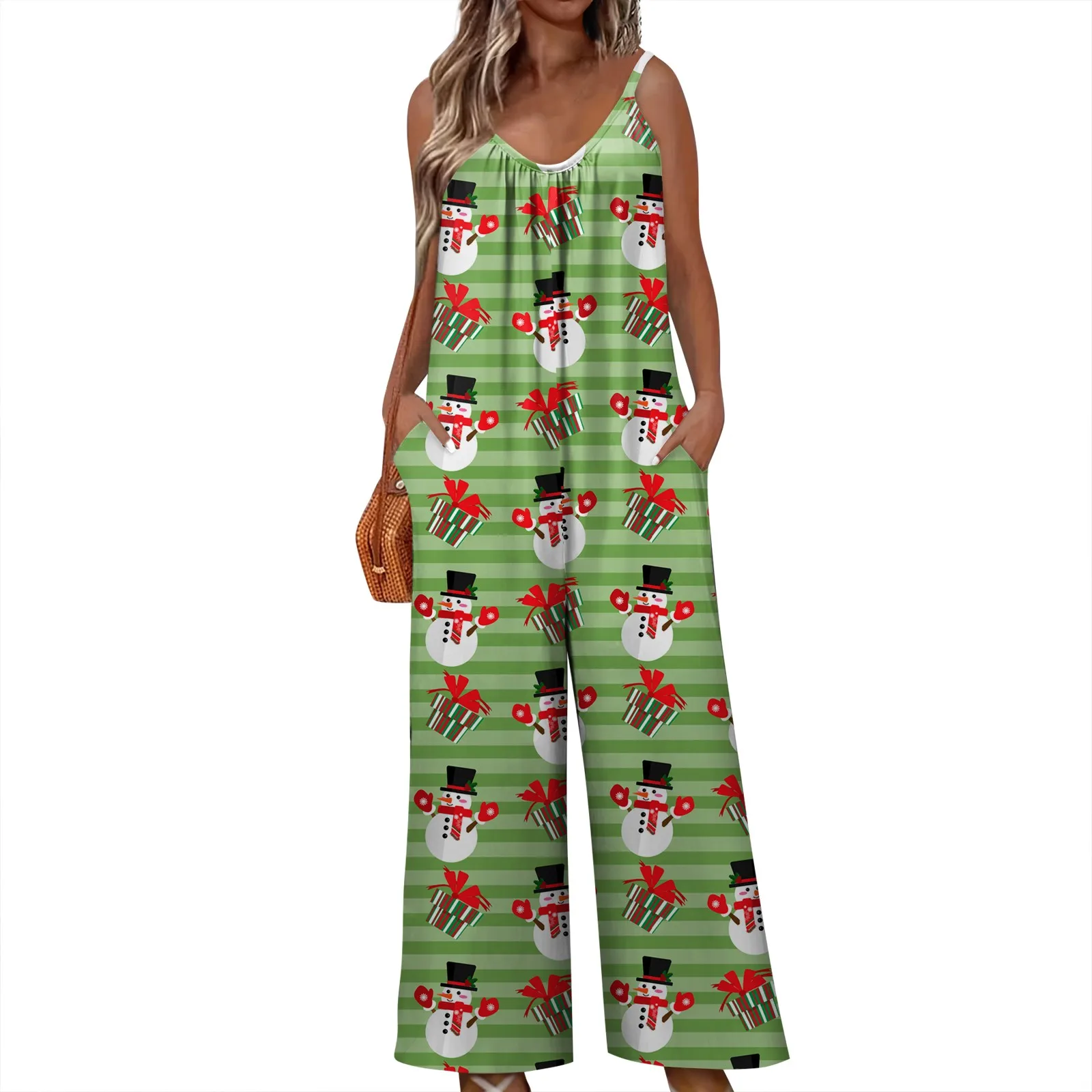 S-3xl Sleeveless Jumpsuit For Women Christmas Printed Loose  Versatile Sling Rompers Wide Leg Adjustable Suspender Jumpsuit