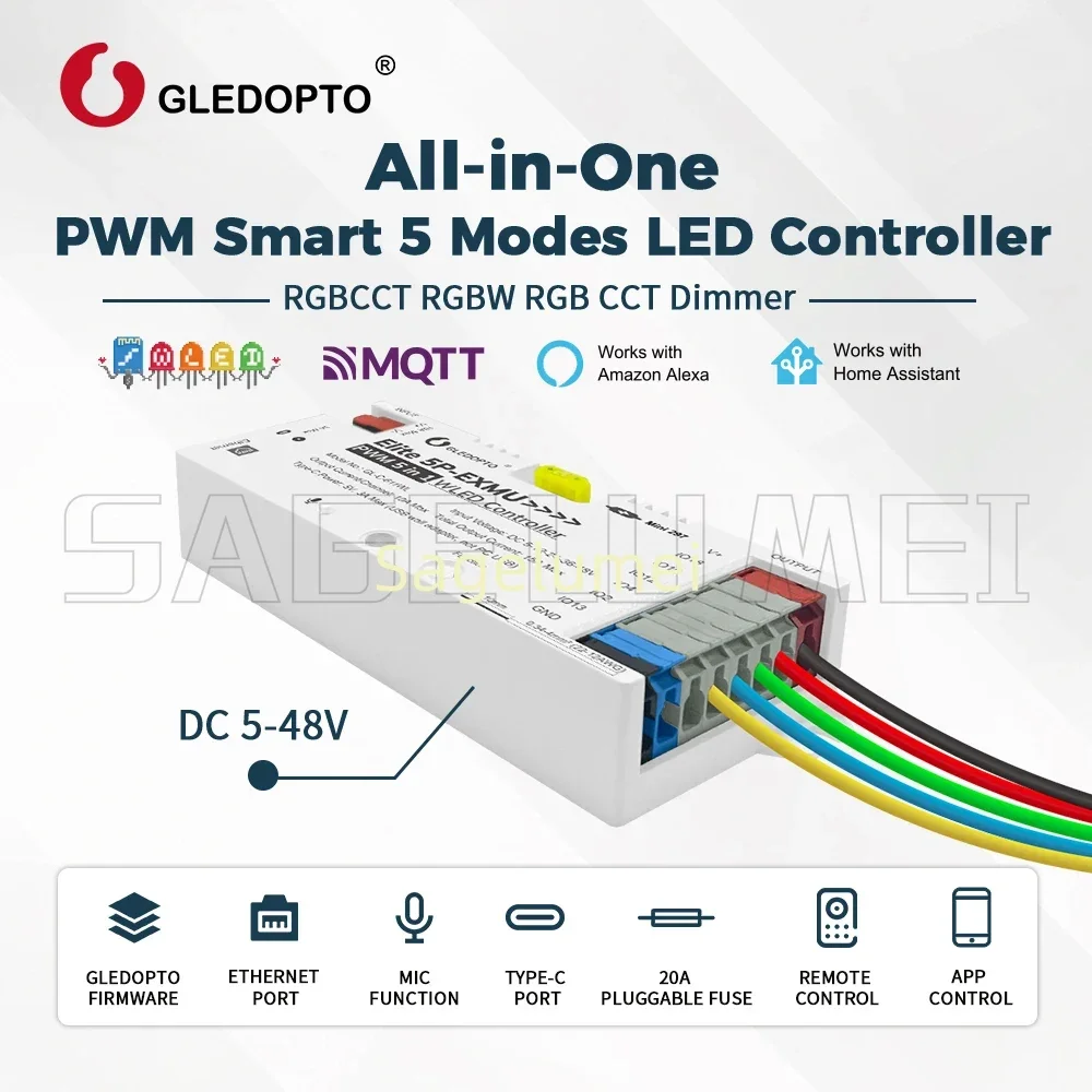 GLEDOPTO WLED Controller Elite 5P-EXMU DC5-48V 15A PWM 5 in 1 for  Music Rhythm APP Control Work with Alexa Home Assistant 611WL
