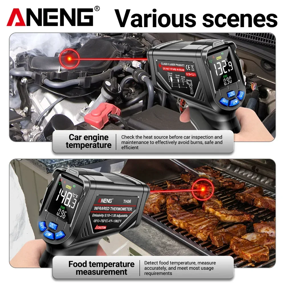 ANENG-pistola de temperatura infrarroja TH06, termómetro con pantalla inversa VA, 0,1 ~ 1,00, Detector Industrial ajustable, herramienta de instrumentos con Sensor