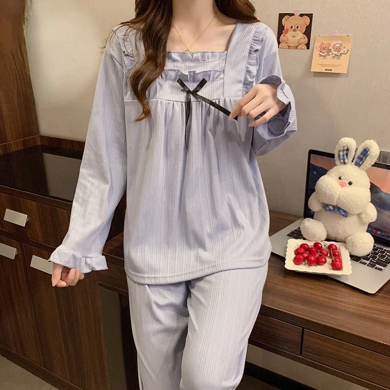 Pajamas for Women Square Collar Home Sweet Bow Design Princess Casual Padded Sleepwear Soft Comfortable Ulzzang Spring Autumn