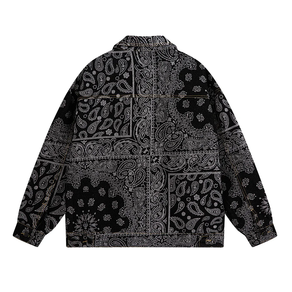 Men Paisley Bandana Print Denim Jacket Streetwear Pattern Jacquard Weave Coat Fashion Loose Long Sleeve Outerwear Black Blue