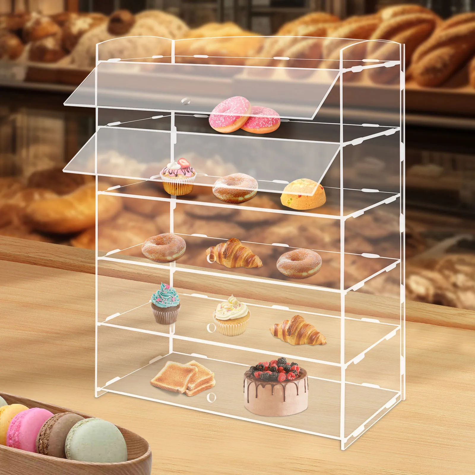 5-Tier Acrylic Display Case, Clear Bakery Showcase With Door & Sealed Structure, 360° Visible Display Cabinet for Cakes Cookies Collectibles