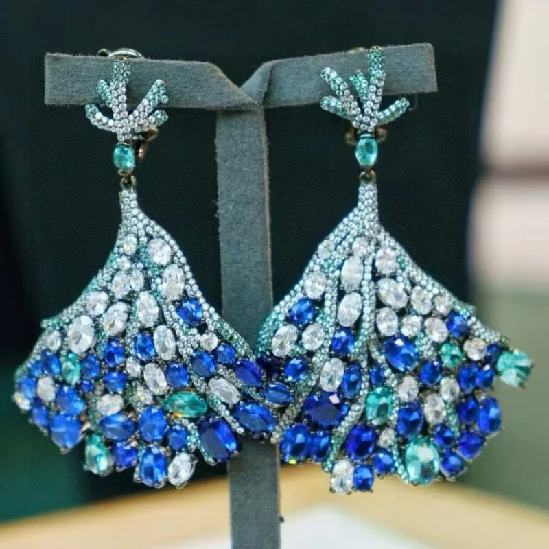 ZOCA Luxury Jewelry Fan Shape Micro Paving 925 Silver Blue Green Yellow Cubic Zircon Earrings For Women Hot Selling Jewelry