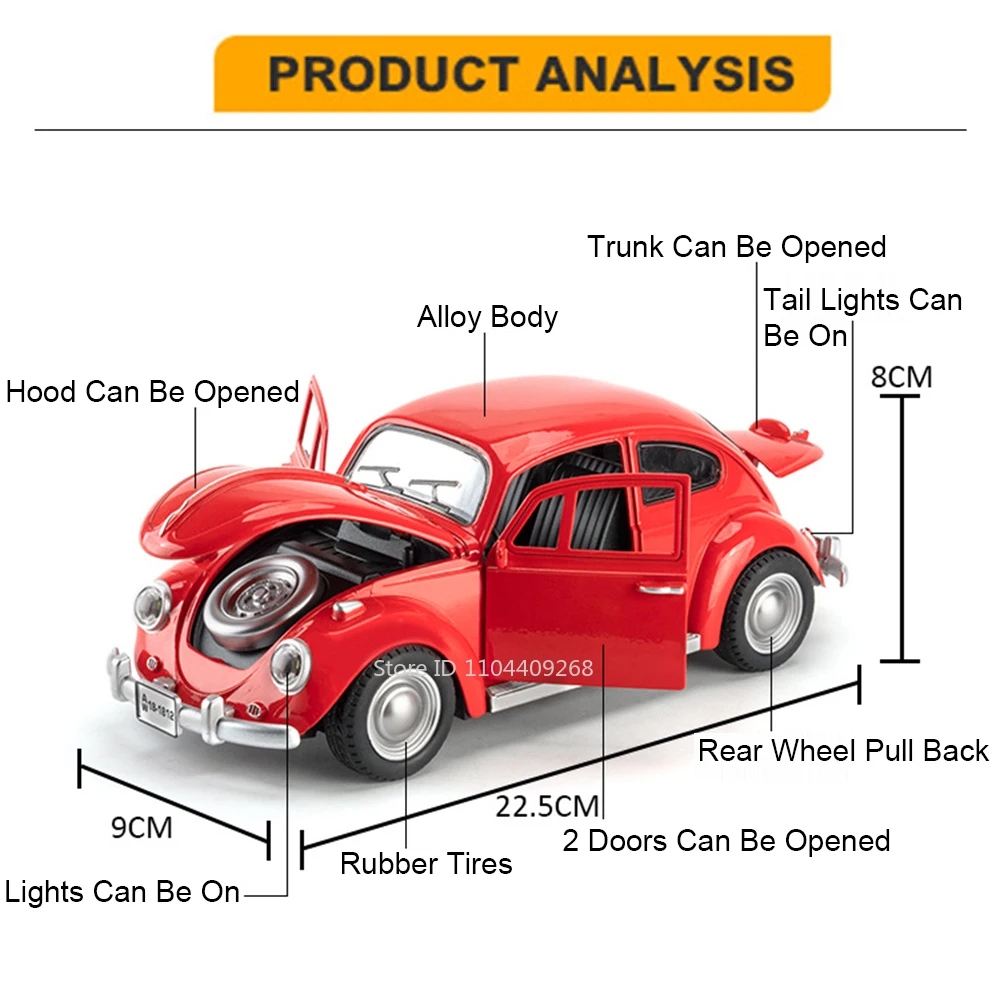 大規模なカブトムシ1955車のおもちゃモデル、4つのドアが開いて、引き戻されて、軽い音楽、ミニチュア車モデル、男の子の誕生日プレゼント、1:18