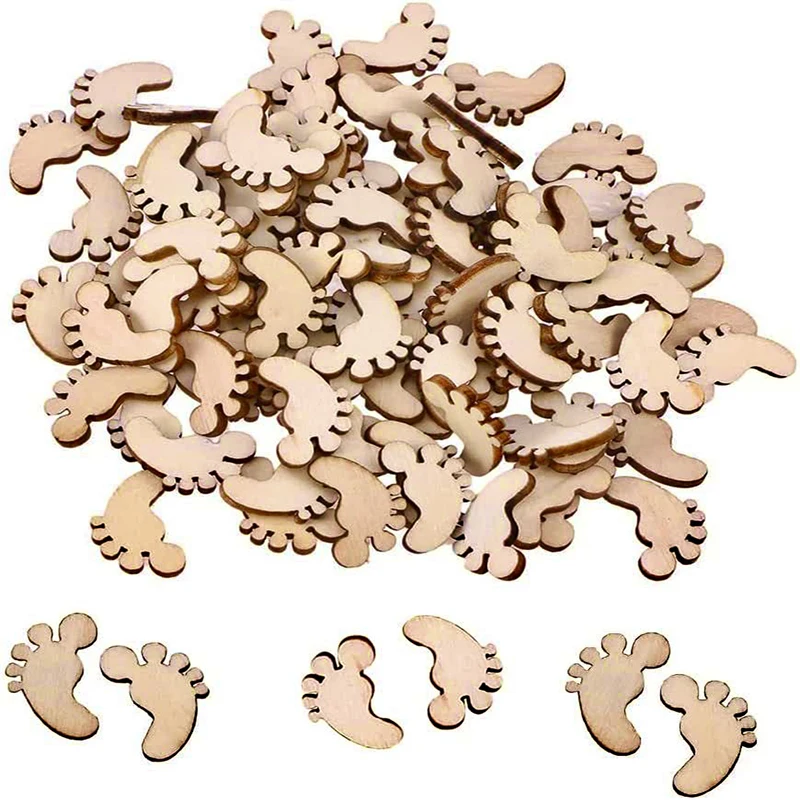 100pcs 17x20mm Natural Foot Shaped Wooden Chips Embellishments DIY Crafts Toppers Baby Shower Decorations Confetti