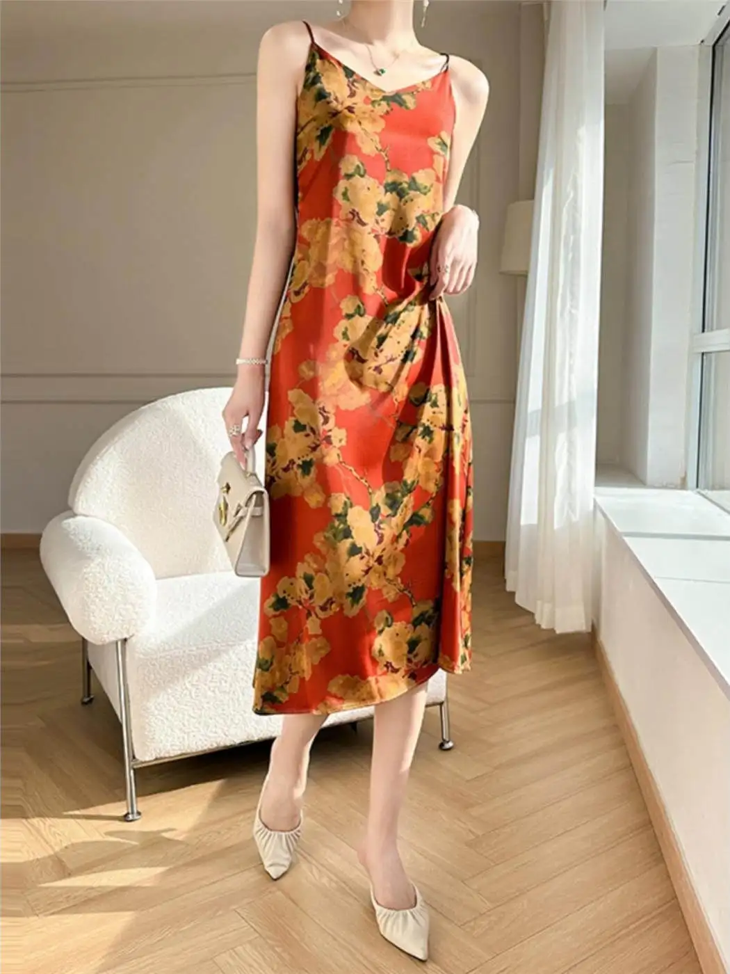 Acetato di seta Raso Stampa floreale V-Ne Dr Gonna versatile da donna Pendolarismo Vita alta A-Line Lungo Svel Estate Nuovo Arr...