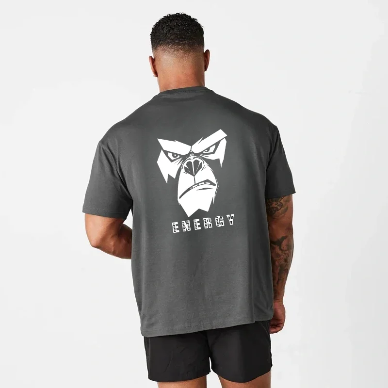 Koszulka fitness Energy Gorilla Męska bawełniana luźna koszulka do biegania Odzież treningowa na siłownię Kulturystyka Ćwiczenia Koszulka z krótkim