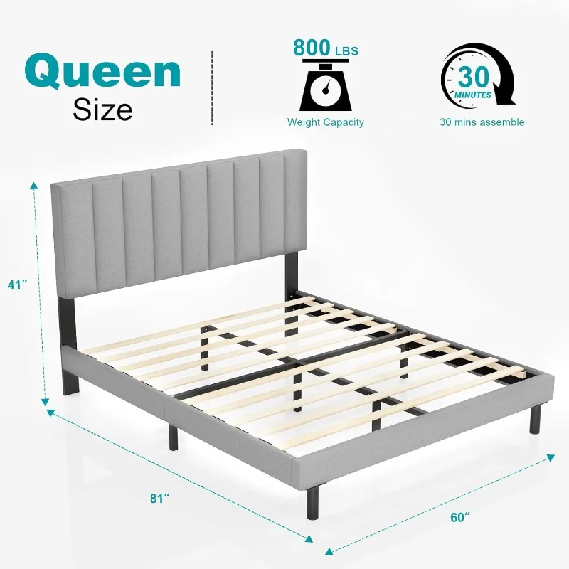 Queen Size Bed Frames Upholstered Platforms with Headboard,Mattress Foundation,Bedroom and Guest Room Frames