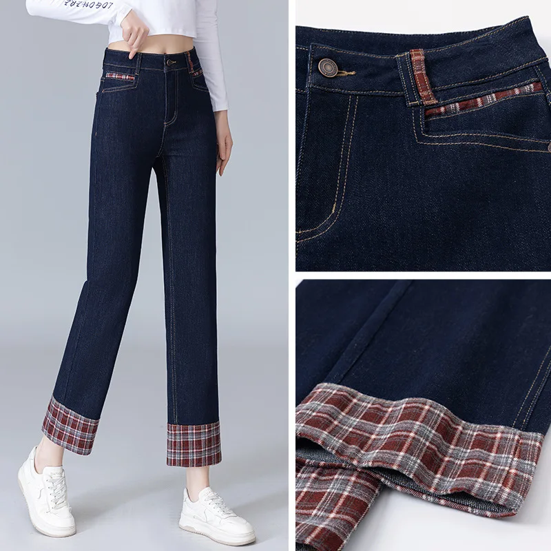 جينز دينم أزرق مكبل مستقيم الساق للنساء، سروال قصير متعدد الاستخدامات للربيع والخريف عالي الخصر للتخسيس