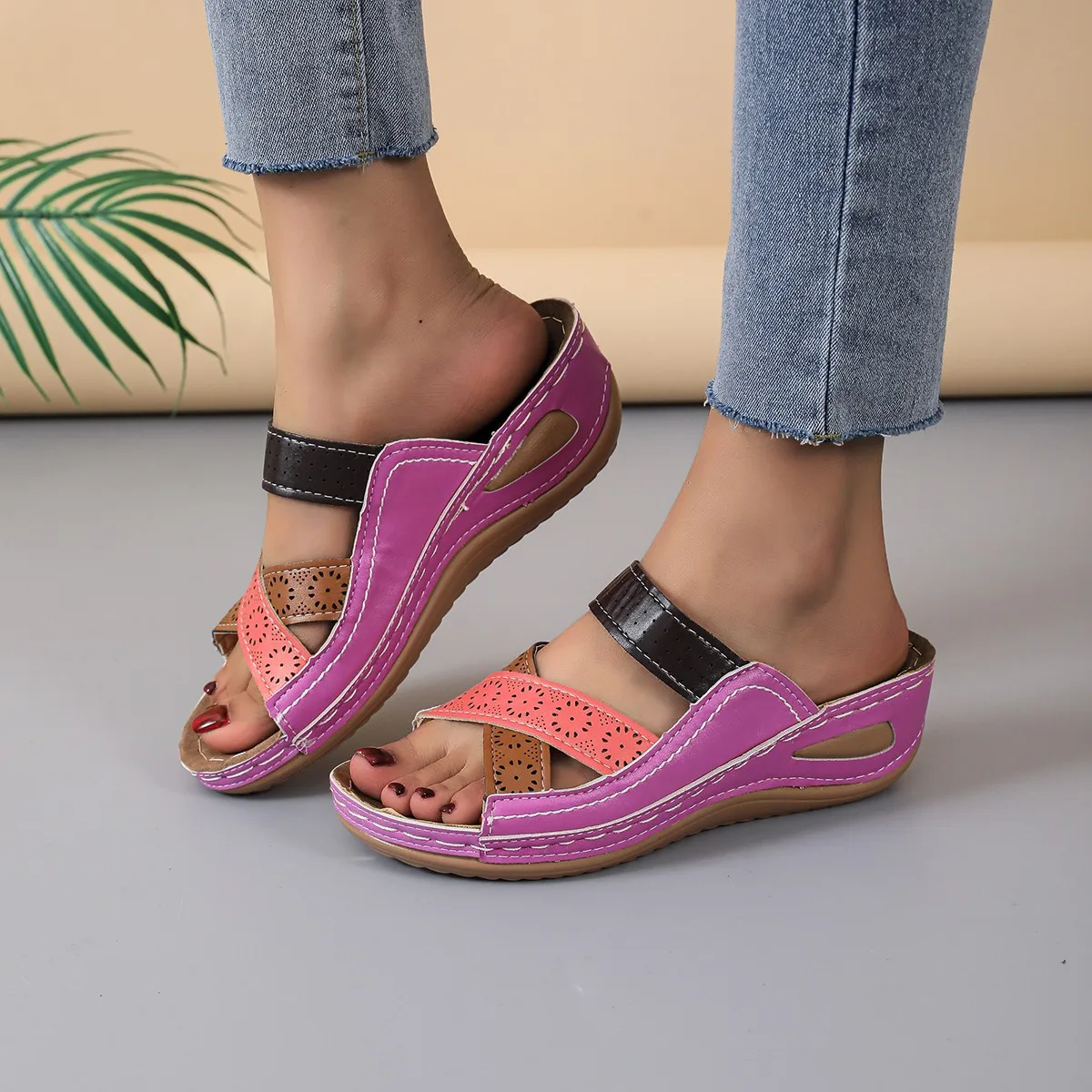 Women Wedges Slippers 2024 Summer New Orthopedic Open Toe Sandals Vintage Leather Casual Female Platform Slippers Slides Women