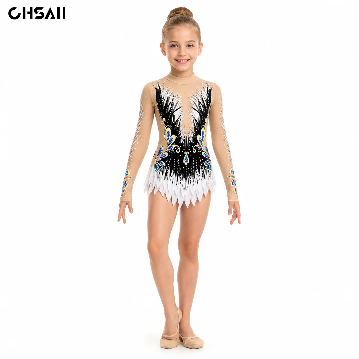 Maillot de Gimnasia Rítmica para Niñas, Negro y Blanco, Manga Larga, con Pedrería, Malla Transparente y Falda de Plumas, Vestido de Baile para Niñas, Traje de Competición