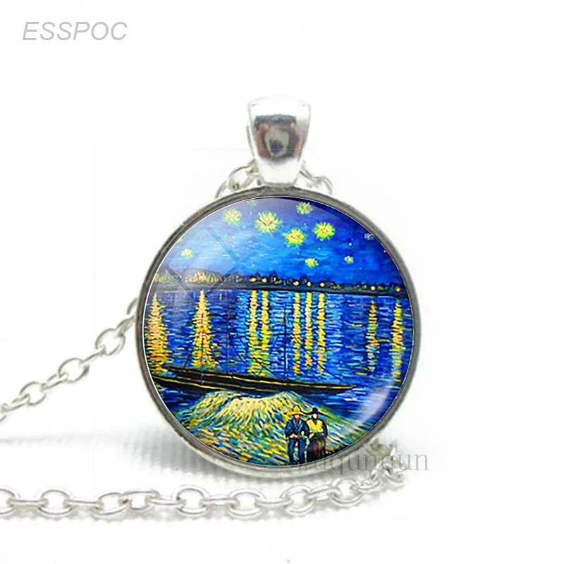 Van Gogh Starry Night Sky Necklace Art Glass Dome Jewelry Monet Klimt\'s Paintings Pendant Fashion Women Lover Gift Dropshipping