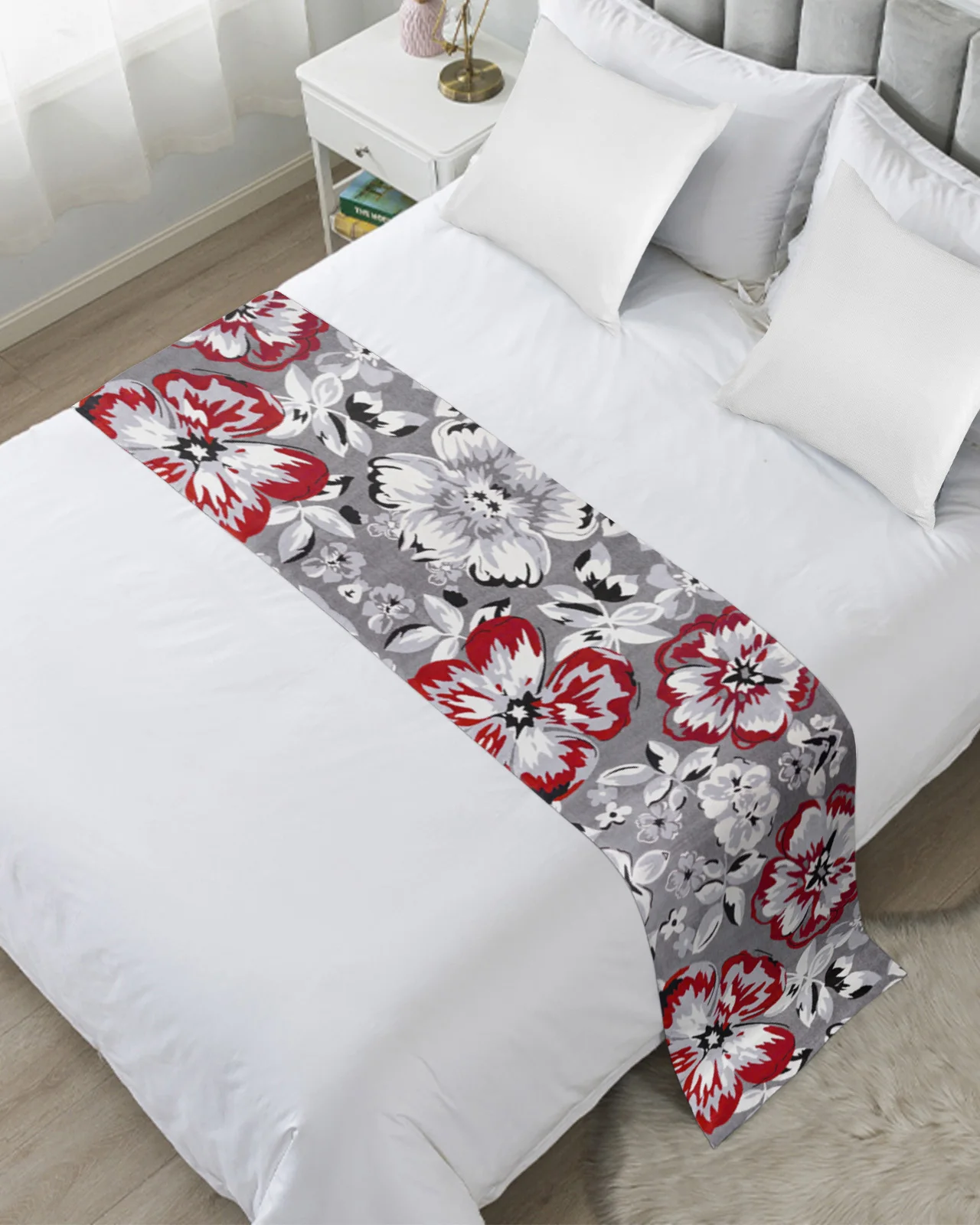 

Flower Grey Texture Red Bed Runner Home Hotel Decoration Bed Flag Wedding Bedroom Bed Tail Towel