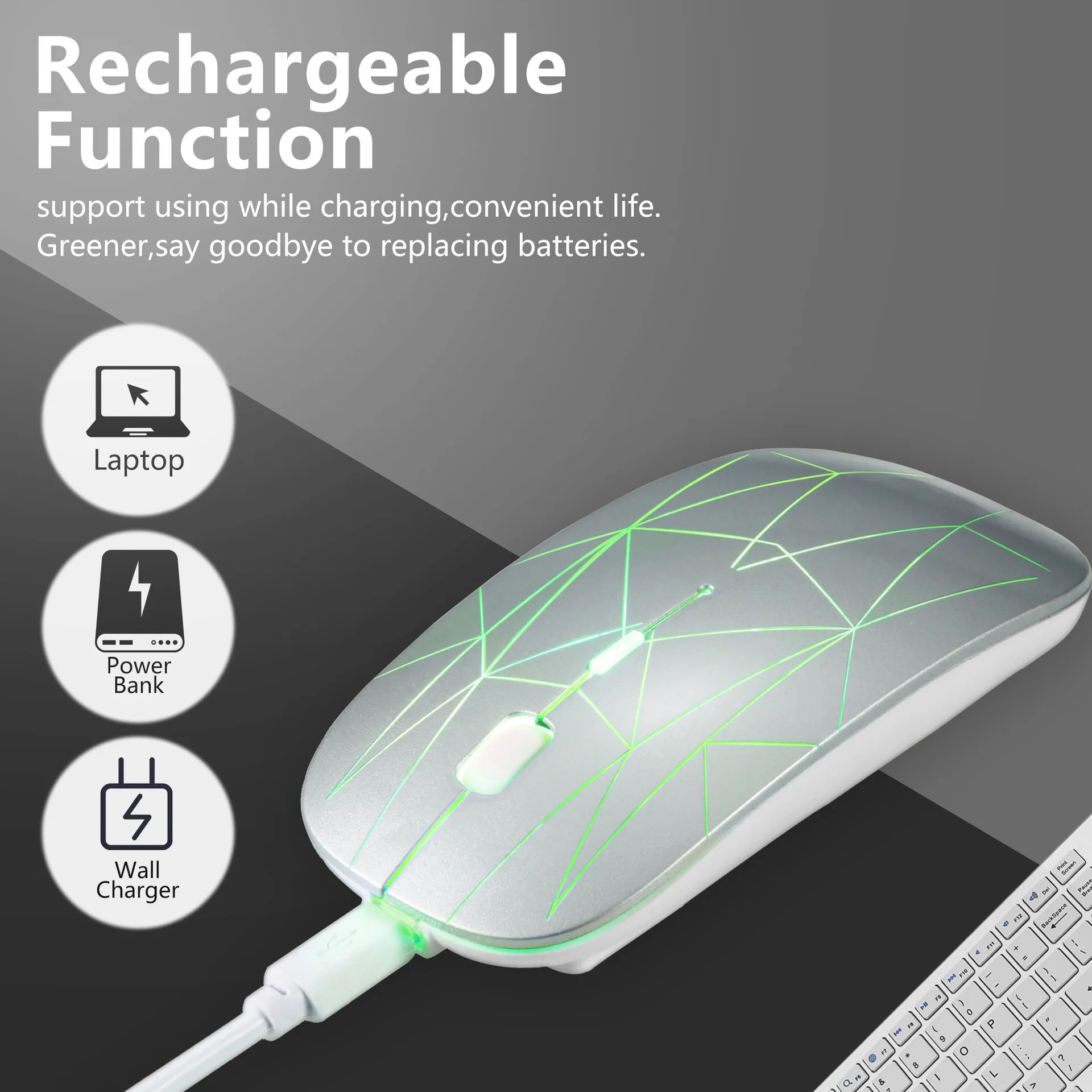 Rechargeable LED Wireless Mouse 2.4G 2-in-1 USB/Type-C Receiver 3 Adjustable DPI for Computers Laptops PC Notebook