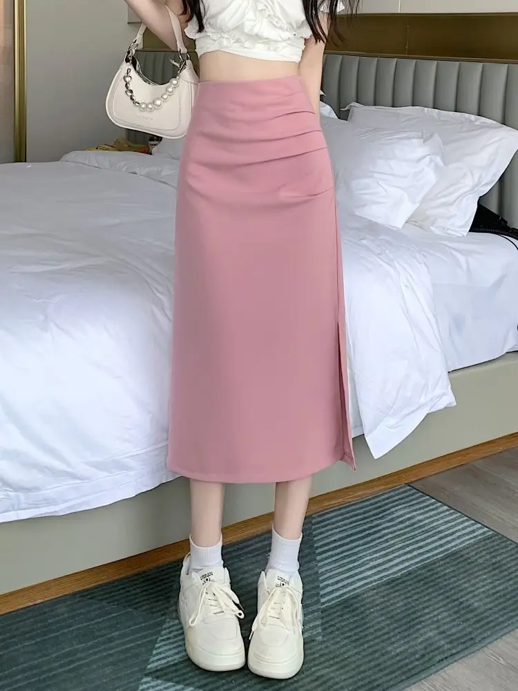 Midi Skirts Women Side Slit French Style Thin Summer Elegant Folds Simple Empire Tender Female Sexy All-match Fashion Ulzzang