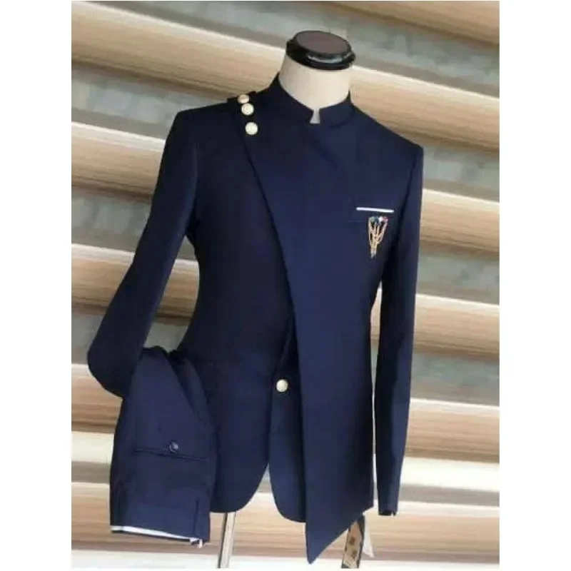 Formal Business Suits For Men With Stand Collar Wedding Groom Tuxedo Custom Slim Fit Male Costume 2 Pcs (Jacket+Pants)