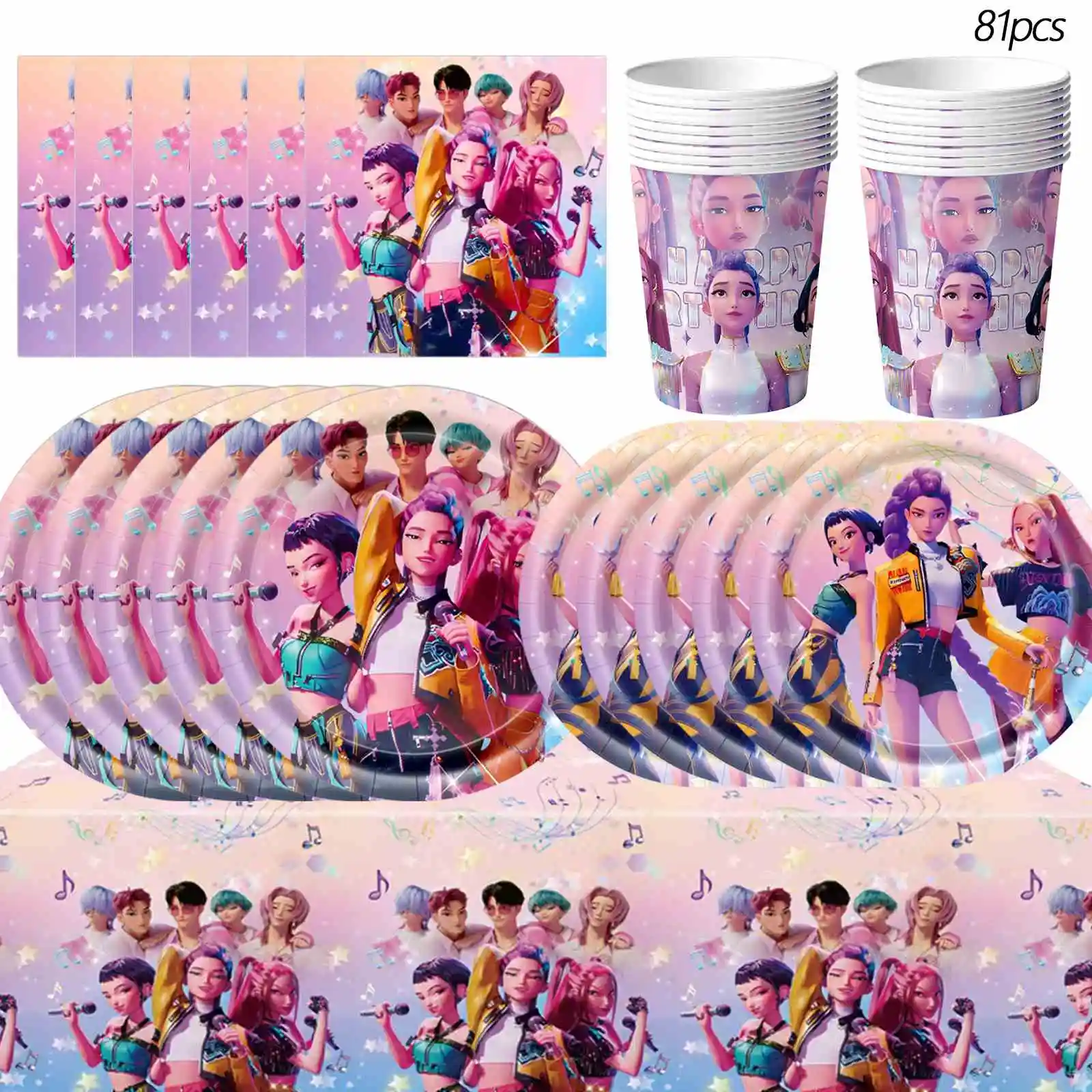 81 piezas de artículos para fiestas K-Pop: Demon Hunters, incluyen platos, servilletas, vasos de papel, mantel para decoración de fiestas