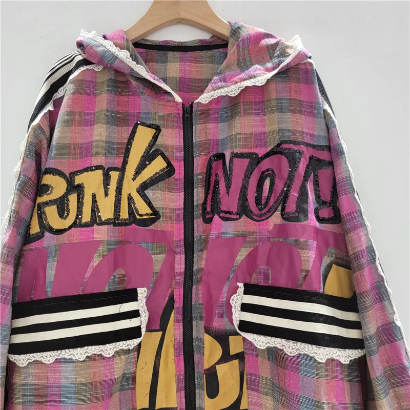 European Trendy Brand Hoodies 2025 Summer Loose Large Version Color Matching Hooded Plaid Cartoon Sunscreen Jacket Women's Top