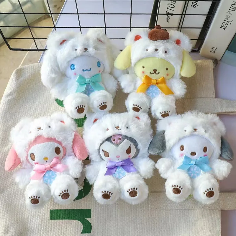 Sanrio Hello Kitty My Melody Kuromi Cartoon Winter Day White Bear Set Bow Tie Soft Plush Pendant Backpack Decoration Couple Gift