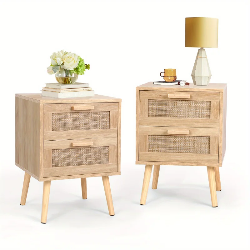 

2-piece rattan bedside table set, solid wood legs, with handmade woven rattan decoration
