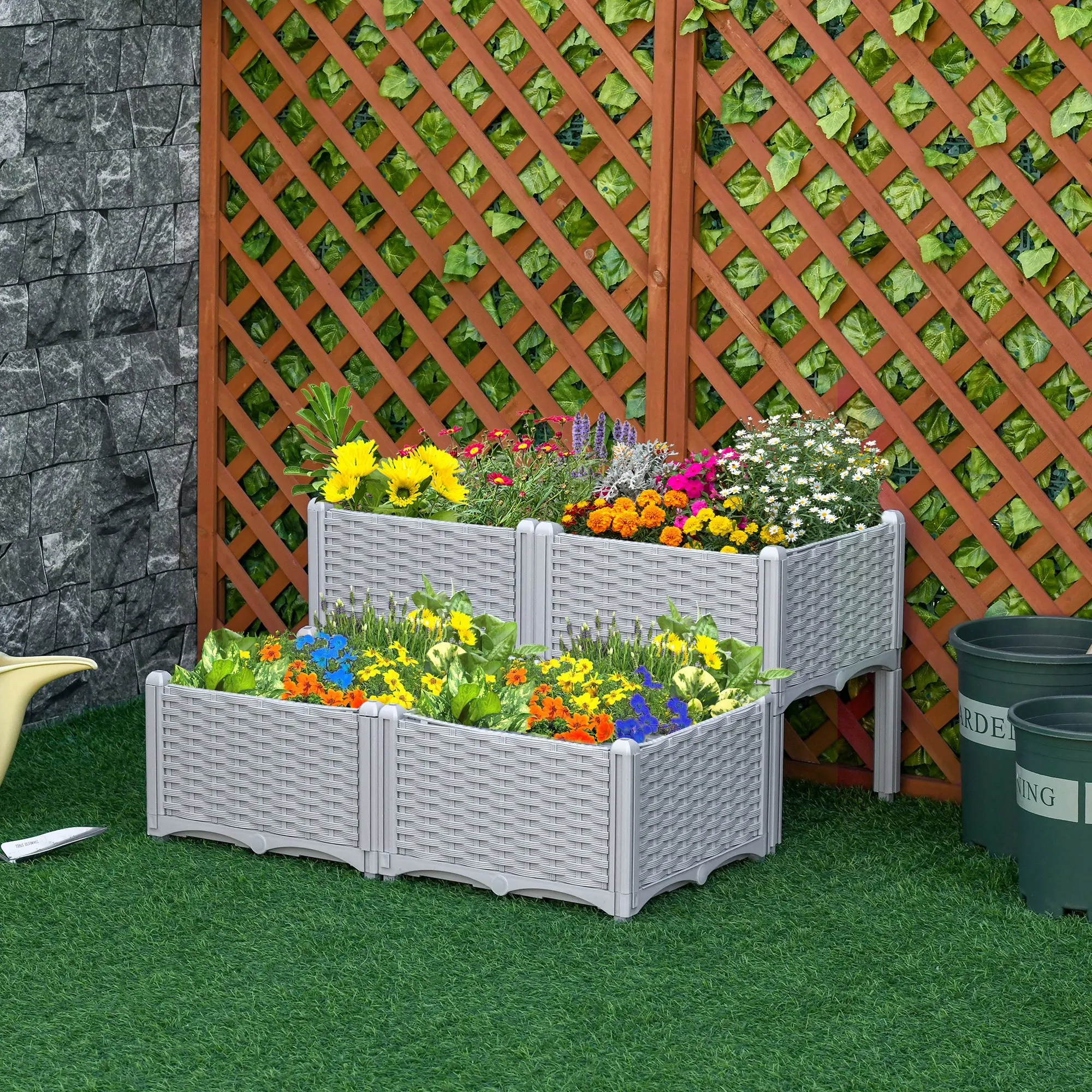 

Raised Garden Bed with Legs 4 Piece Self Watering Planter Box for Flowers Herbs Vegetables Outdoor Patio Garden Gray