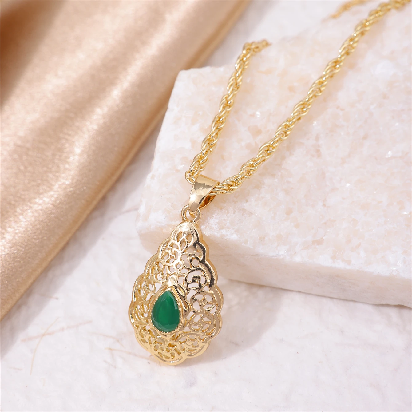 Golden Algerian Classic Wedding Necklace Drop Shape Crystal Pendant
