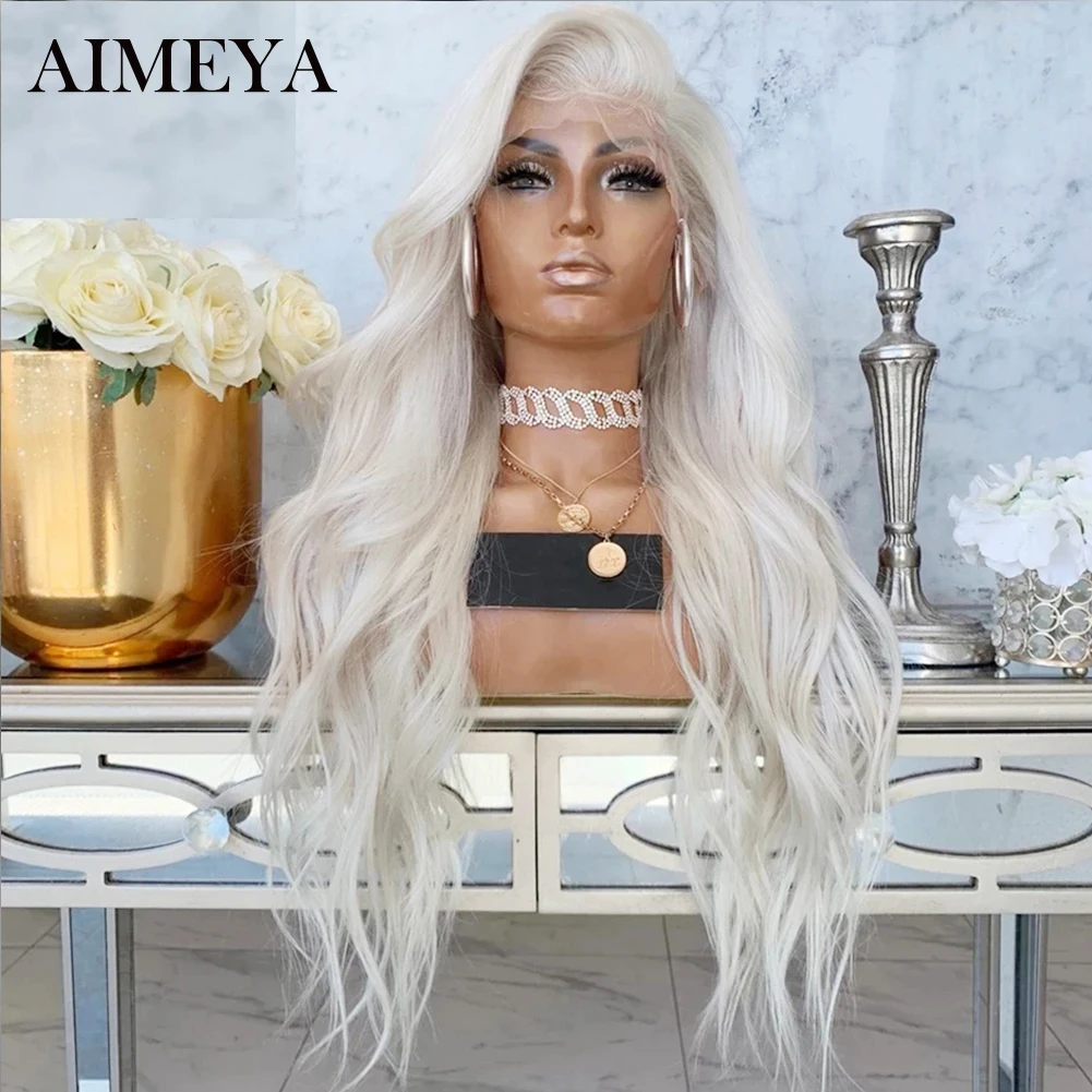 AIMEYA Platinum Blonde Wig Long Synthetic Lace Front Wig Body Wave Hair Synthetic Heat Resistant Fiber Free Part Cosplay Wigs