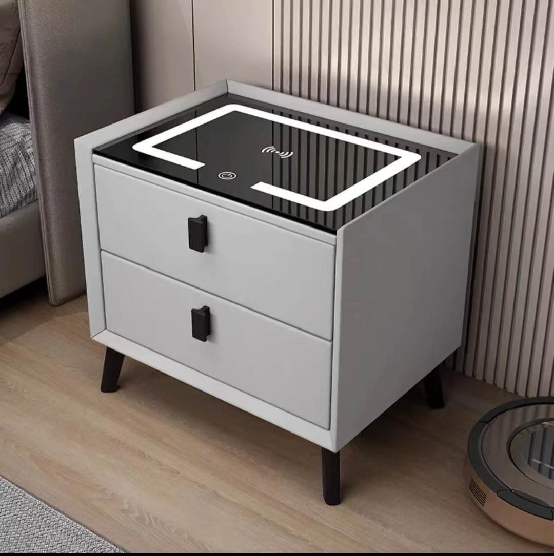 أثاث غرفة نوم خشبي حديث بجانب السرير من جلد البولي يوريثان، منضدة ذكية متعددة الوظائف