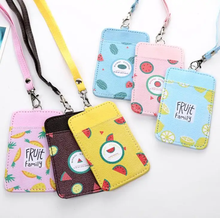 

Cute Fruit Card Holder Identity Badge with Lanyard PU Neck Strap Card Bus ID IC Holders with Key Chain