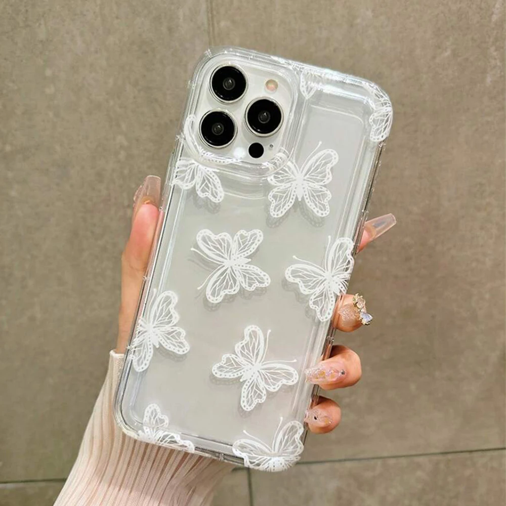 Cartoon White Butterfly Phone Case for Oppo Reno10 Reno8 Reno7 Reno6 Reno5 Z T Pro Plus 4G 5G Airbag Anti Fall Clear Back Cover