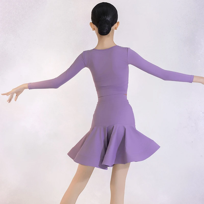 الأرجواني اللاتينية أزياء رقص الفتيات أداء الملابس طويلة الأكمام بلوزات قصيرة هيكل السمكة تنورة تشا تشا ممارسة الرقص ارتداء BL17287