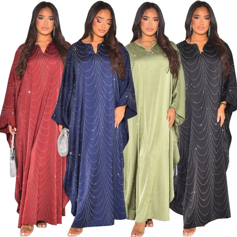 Summer Spring Women's Clothing Modest Loose Fit Rhinestone Abaya Woman Dubai Long Dress For Woman Polyester Batwing Sleeve