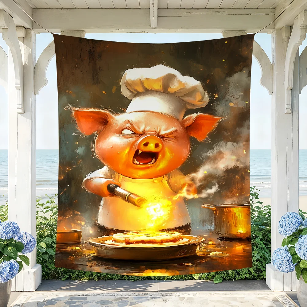 Funnny Pig-Chef Cooking  The Angry Dessert flag For Party Picnic Camping Studio Booth Background Wall Interior Decoration Banner