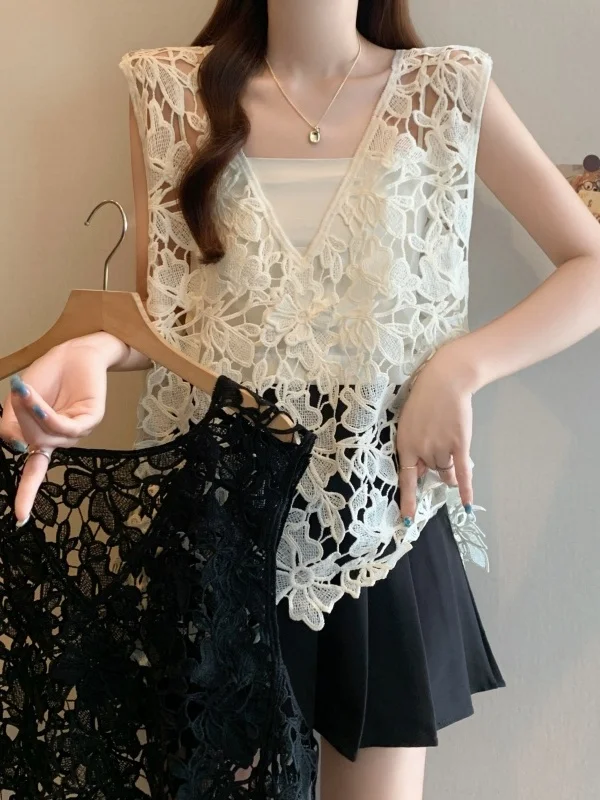 تفريغ الدانتيل هوك تصميم المرأة تانك القمم الصيف فضفاضة حجم كبير طبقات غير النظامية Svel V-Ne تنفس رقيقة