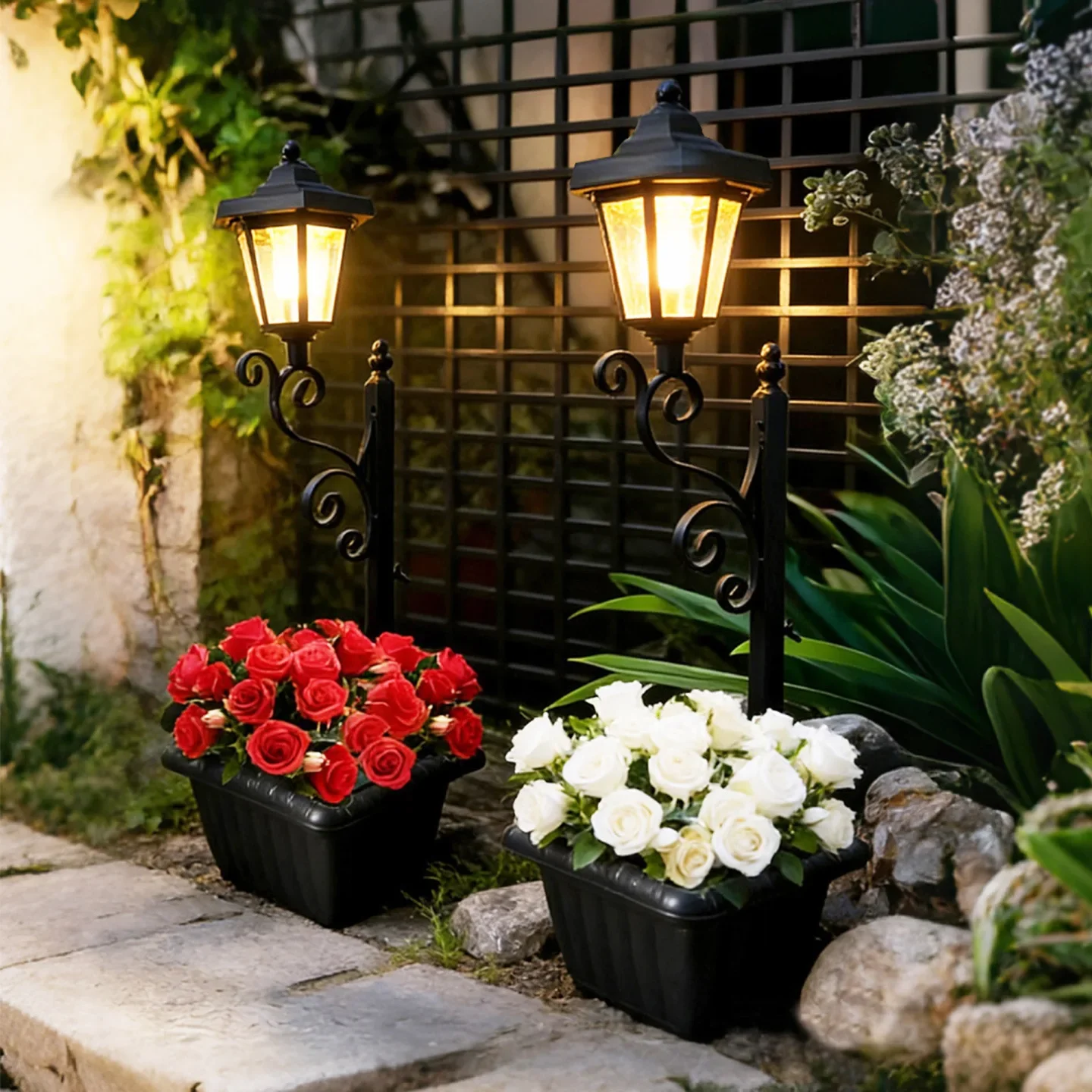 Solar Lamppost with Planter Garden Decorative Lamp Iron Flower Rack Flower Pot Landscape Atmosphere Lamp for Yard Pathway Decor