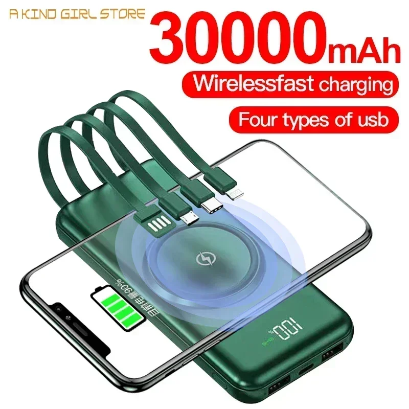 Wireless Power Bank Portable 30000mAh Charger Fast Charging Digital Display External Battery Built-in cables for iphone Samsung