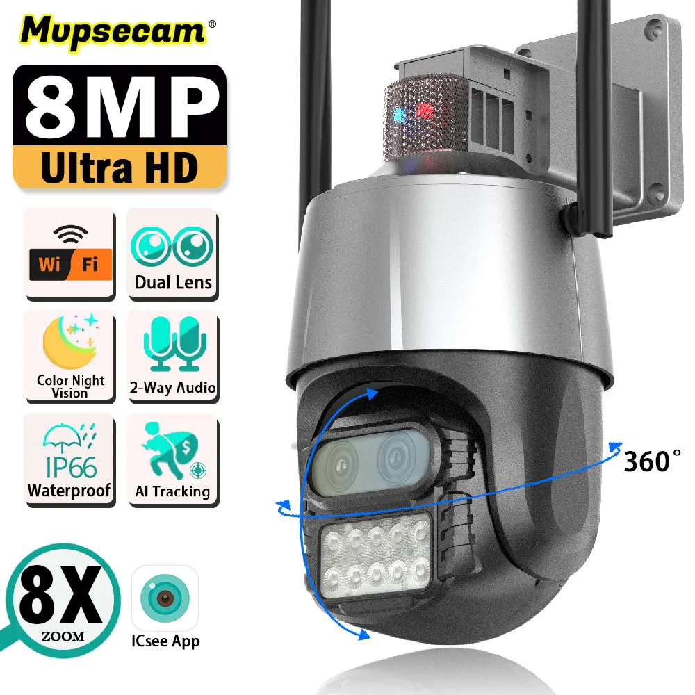 8mp 4K Hd Video Pt 8x Zoom Wifi Bewakingscamera Auto Volgen Kleur Nachtzicht Buiten Intercom Draadloze Beveiligingscamera