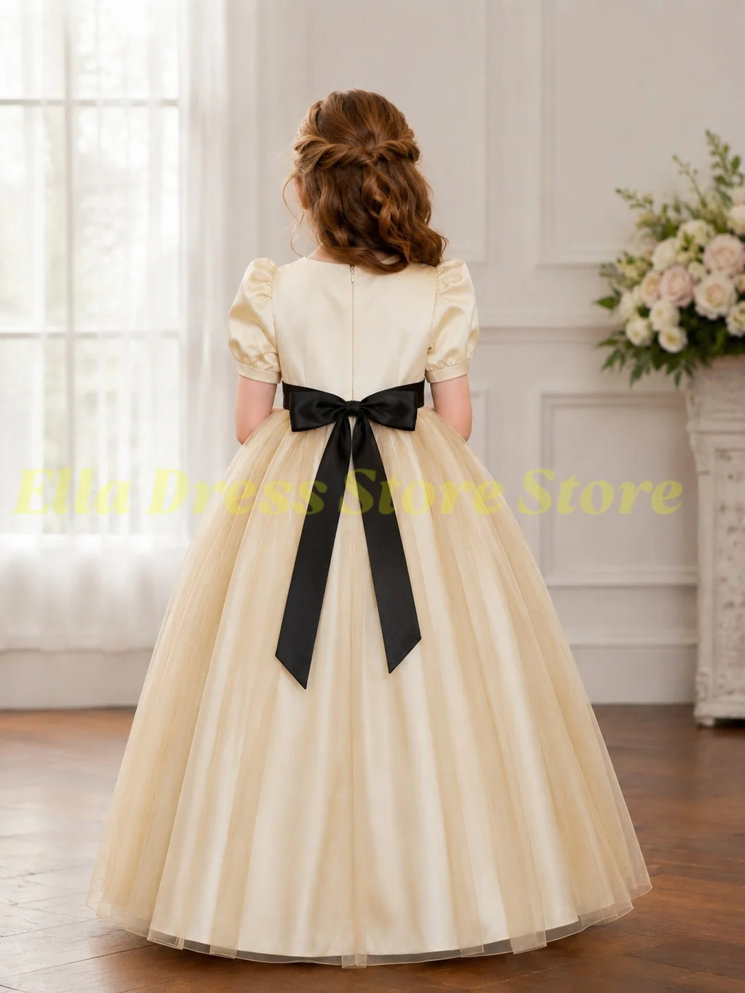Maßgeschneidertes Großhandels-Blumenmädchenkleid in Champagnerfarbe für Hochzeiten, Tüll, bauschig, 3/4-Ärmel, hohe Taille, Geburtstagskleid, Erstkommunionkleid – Detail 2