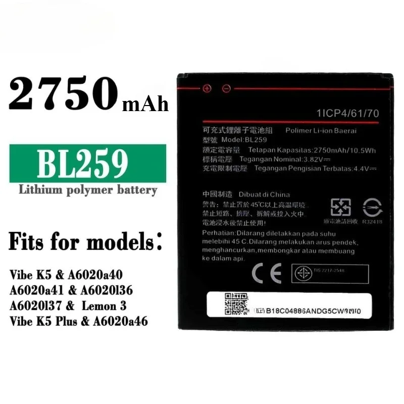 New 2750mAh BL259 Battery for Lenovo Vibe K5 / K5 Plus / A6020 A6020A40 A6020A46 A6020a41 A6020136 Replacement Bateria 3.82V