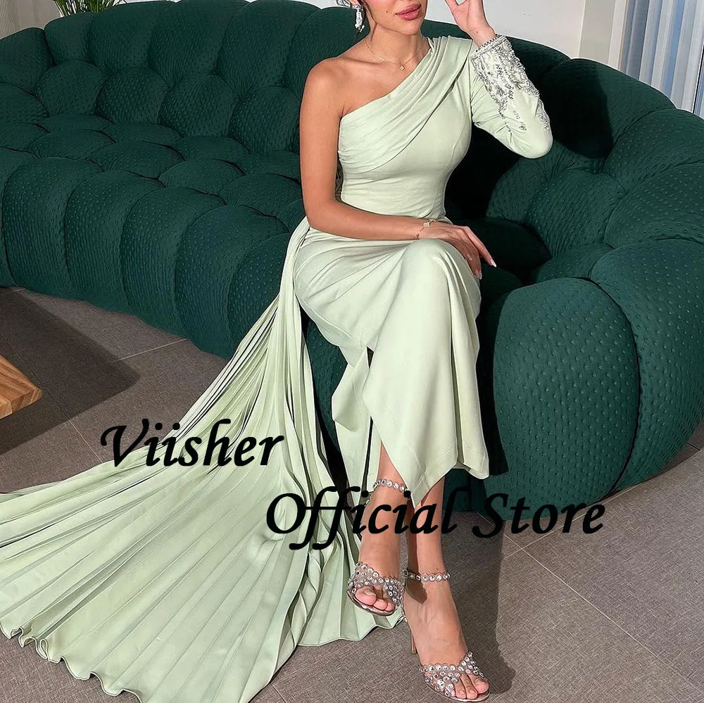 Visher grüne Meerjungfrau Abendkleider eine Schulter Perlen Satin elegante arabische Dubai Ballkleid mit Zug formelle Party kleider