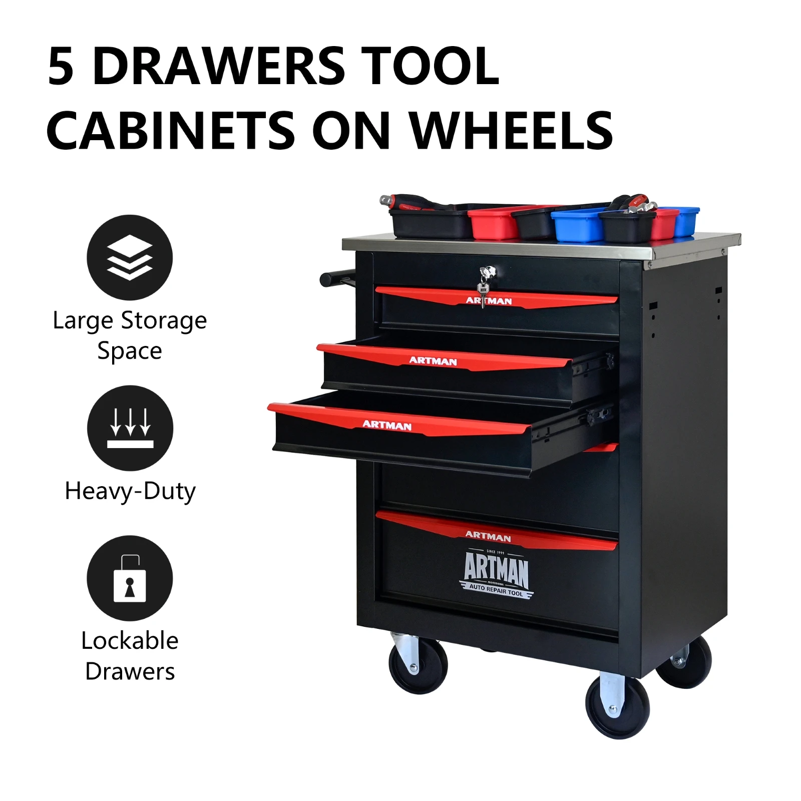 5 Drawer Rolling Tool Box Hardware Storage Tool Cabinet, Heavy Duty Steel Metal Cart, Lockable, Shop Garage NEW,black and orange